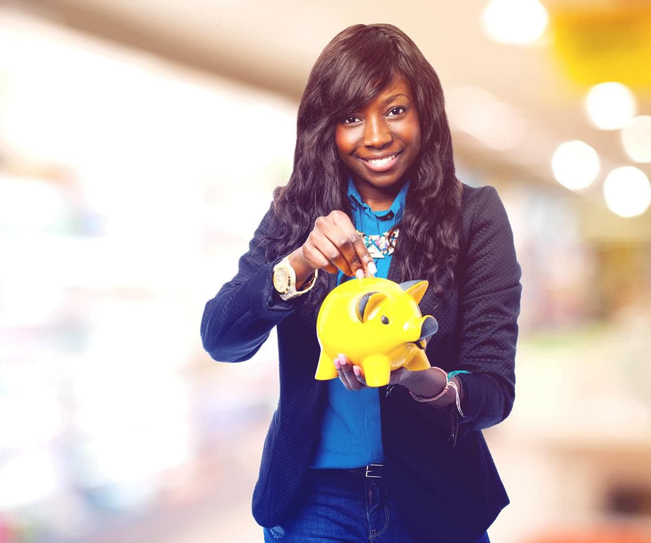 Smiling girl putting coin in piggybank